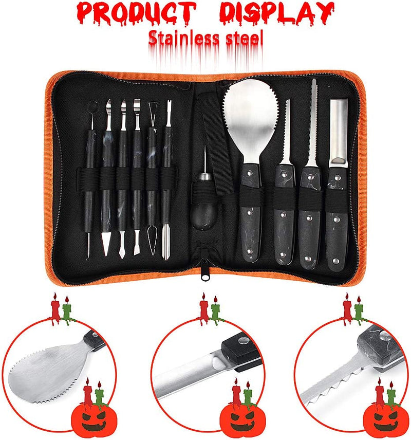 OWUDE Professional Pumpkin Carving Kit, 11 Pieces Heavy Duty Stainless Steel Carving Tools for Halloween with Carrying Case and 10 Pcs Carving Templates-Black Black