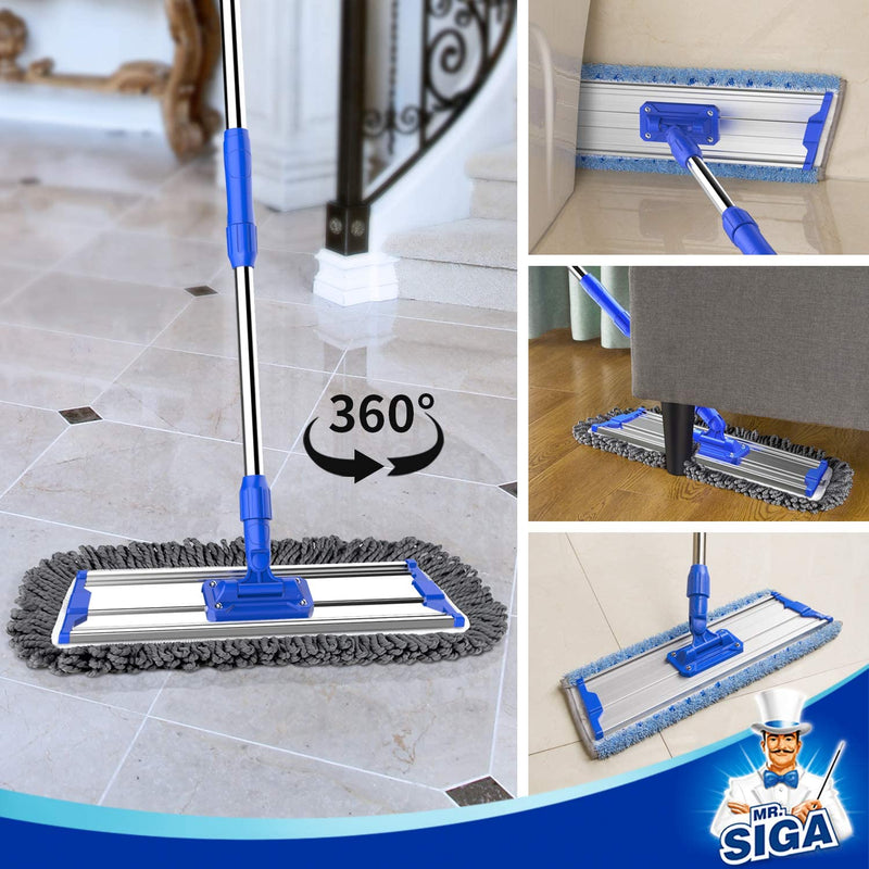 MR.SIGA 18" Professional Microfiber Mop for Floor Cleaning, Stainless Steel Telescopic Handle, Includes 2 Washable Premium Microfiber Mop Pads, 1 Scrub Cloth and 1 Dust Cloth