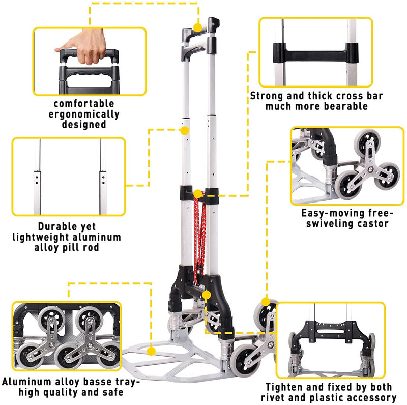 Stair Climbing Cart, Folding Hand Truck, Aluminum Alloy Luggage Moving Trolley Cart Heavy Duty with Bungee Cord, Grocery Shopping Cart with TPR Wheels and Telescoping Handle Outdoor Office