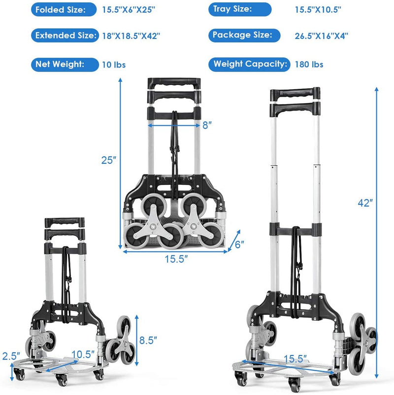 Goplus Stair Climbing Cart, Portable Folding Aluminium Hand Truck Trolley Cart w/Bungee Cord, 6 Wheels, 180 lbs Capacity, Telescoping Handle, All Terrain Stair Climber Dolly for Luggage, Heavy Duty