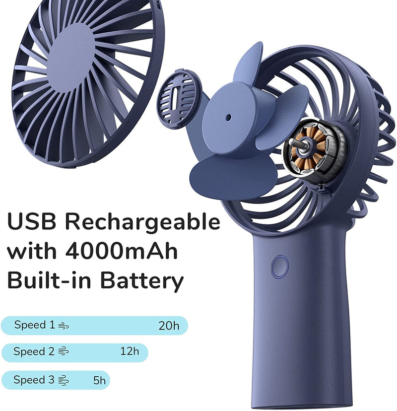 JISULIFE Handheld Portable Fan [20H Max Cooling Time] Mini Hand Fan, 4000mAh USB Rechargeable Personal Fan, Battery Operated Small Fan with 3 Speeds for Travel/Eyelash/Makeup/Office-Blue