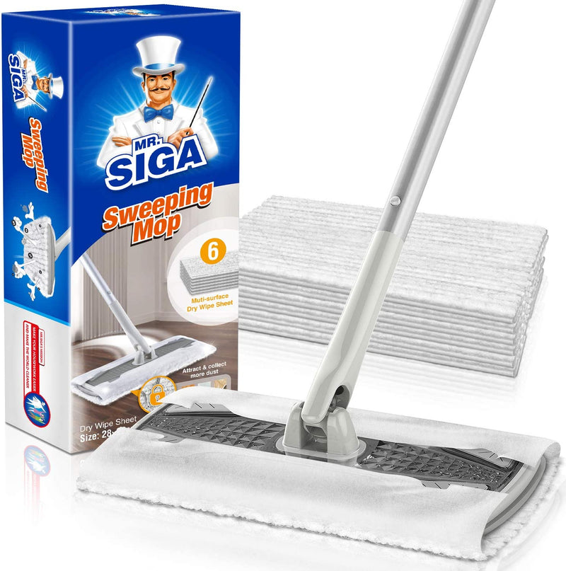 MR.SIGA Professional Dry Sweeping Mop for Hardwood, Laminate, Tile Cleaning, Dust Mop for All Purpose Floor Cleaning, Includes 6 Dry Sweeping Cloths, Gray