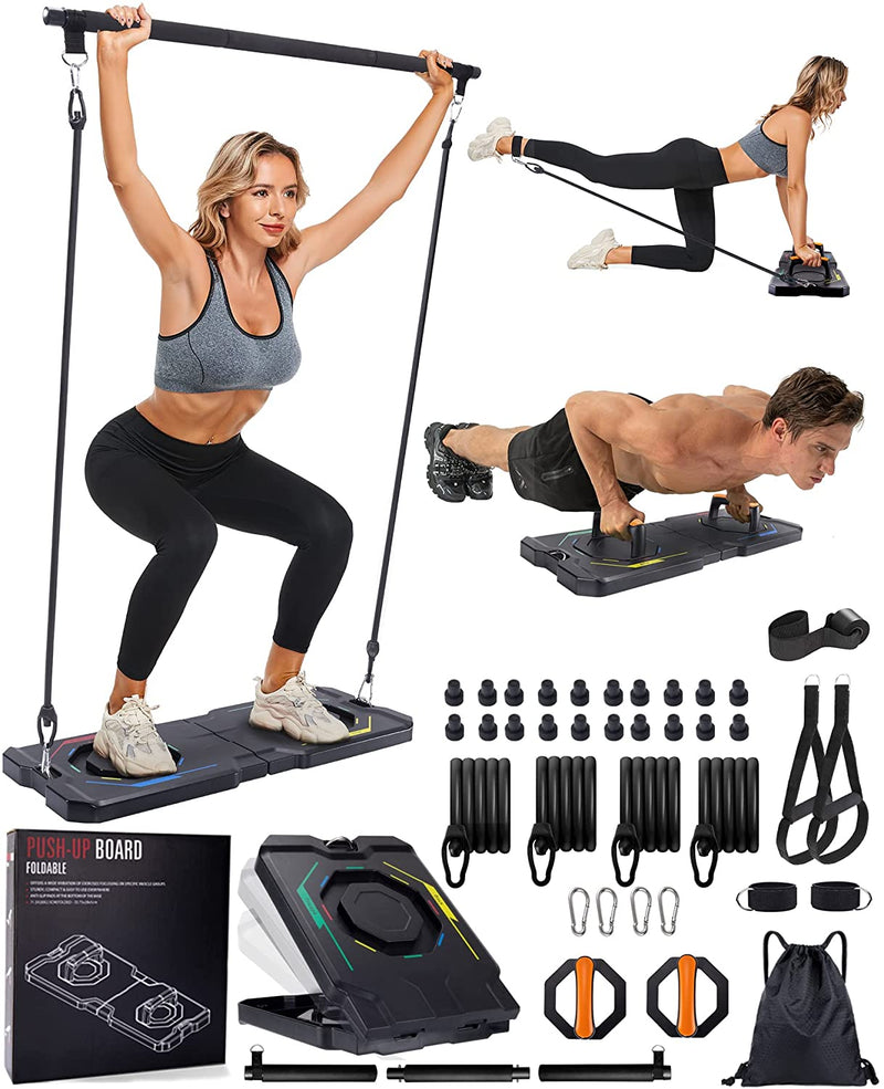 Portable Home Gym Workout Equipment with 12 Exercise Accessories Including Heavy Resistance Bands,Abs Workout,,Push-up Stand, Tricep Bar,Pilates Bar and More for Full Body Workouts System Men Women