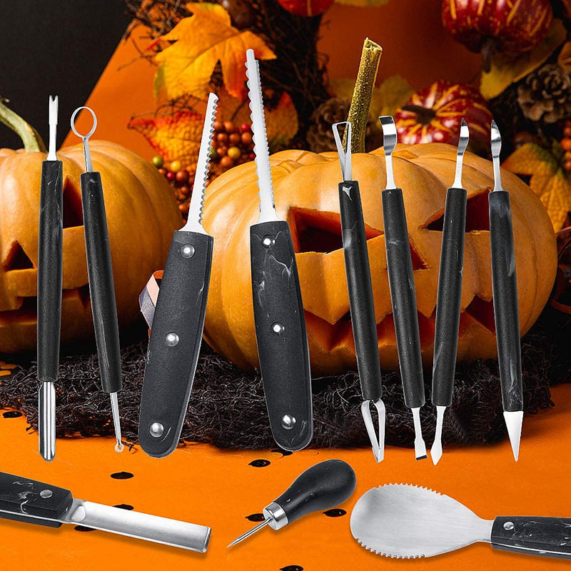 OWUDE Professional Pumpkin Carving Kit, 11 Pieces Heavy Duty Stainless Steel Carving Tools for Halloween with Carrying Case and 10 Pcs Carving Templates-Black Black