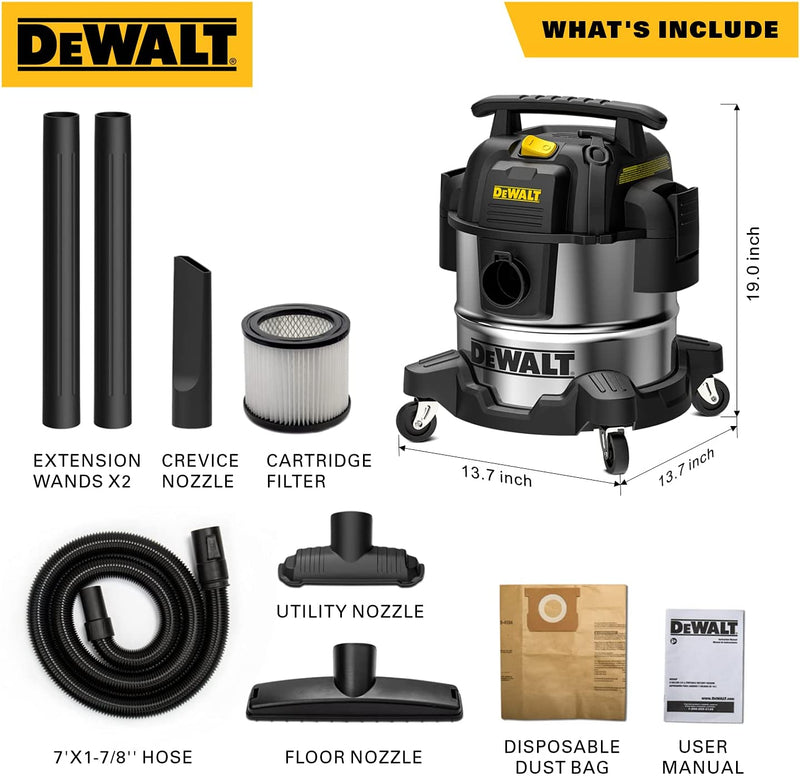 DEWALT 5 Gallon Stainless Steel Wet/Dry Vac, 4 Peak HP Horsepower Shop Vacuum Cleaner