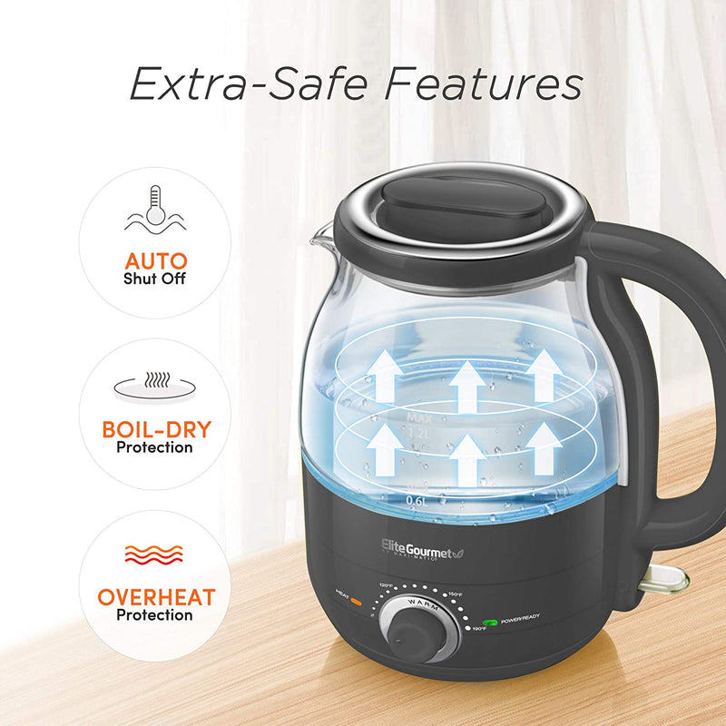 Elite Gourmet EKT1220GR Electric BPA-Free Glass Kettle, Temperature Dial Keep Warm, Cordless 360°