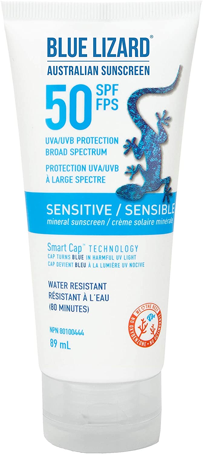 BLUE LIZARD Sensitive Mineral Sunscreen Lotion, SPF 50+, Water Resistant with Smart Cap Technology - 89 ml Tube