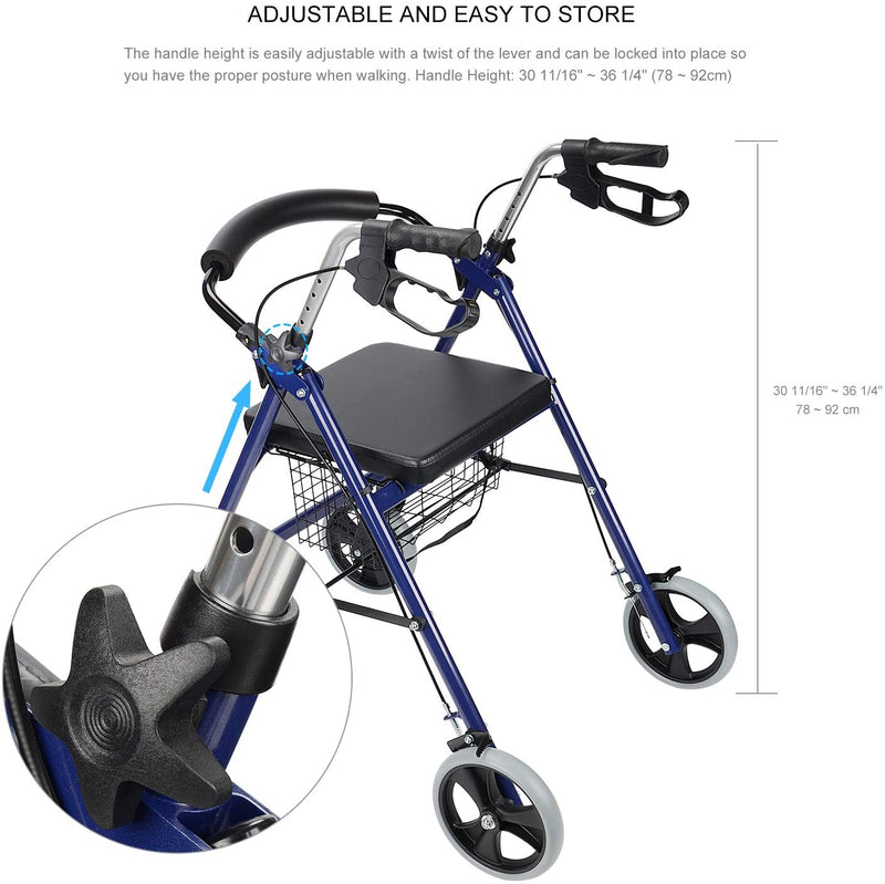 Four Wheel Walker Rollator with Fold Up Removable Back Support, Blue