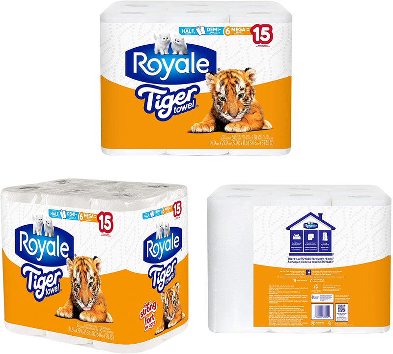 Royale Tiger Strong Paper Towel, 12 Mega Equal 30 Rolls, 138 Handy Half Sheet Rolls