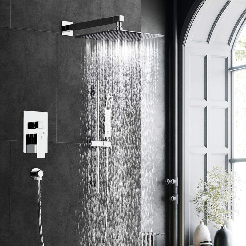 SR SUN RISE 12 Inch Dual-Function Shower Trim Kit with Adjustable Angle Slide bar, Brass Pressure Balancing Shower Faucet Valve,12 Inch Rain Shower Head,Brass Handheld Shower System