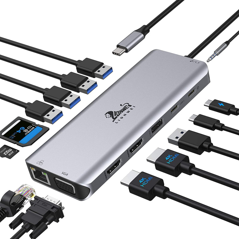 USB C Docking Station Dual Monitor Adapter, 14 in 1 USB C Triple Display Docking Station to Dual HDMI,VGA,Ethernet,3USB3.0,2 USB2.0,PD,USB C Port,SD/TF, Audio for Dell XPS 13/15, Lenovo Yoga,HP x360