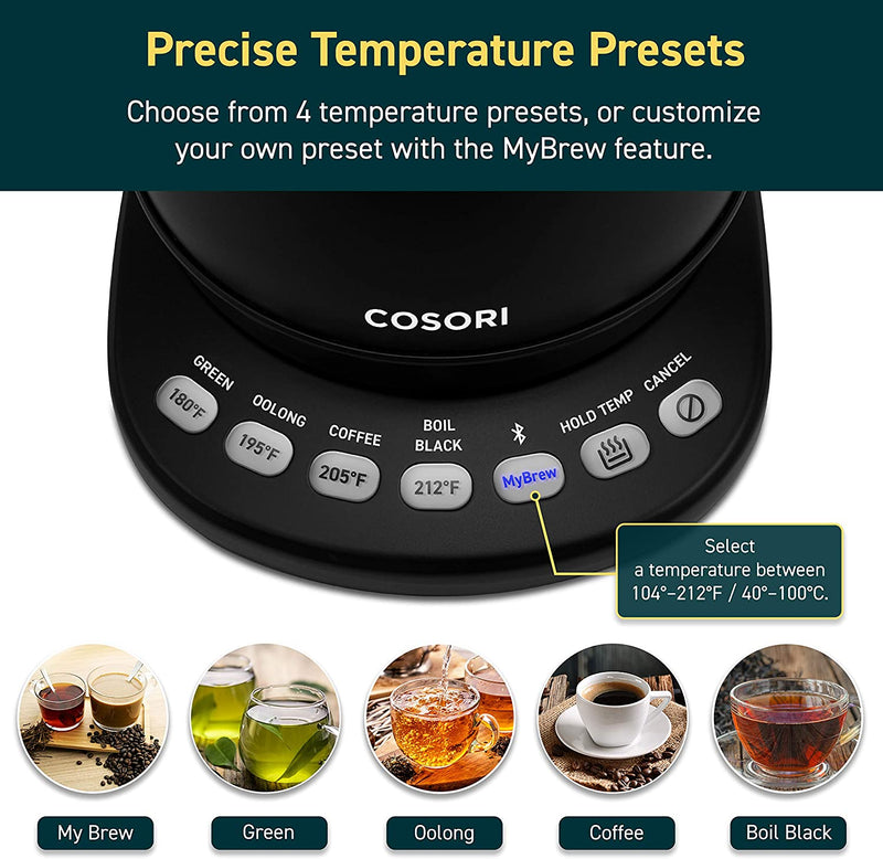 COSORI Electric Gooseneck Smart Bluetooth Temperature Control 5 Variable Presets Pour Over Kettle