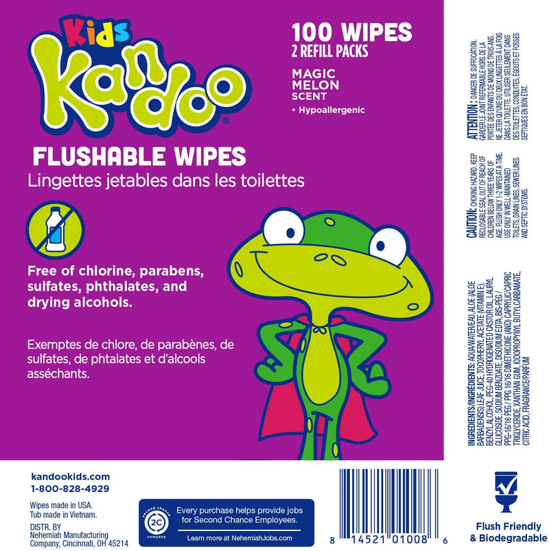 Kandoo Kids Flushable Wipes Refill, Potty Training Cleansing Cloths, Magic Melon, 100 Count (Pack of 6)