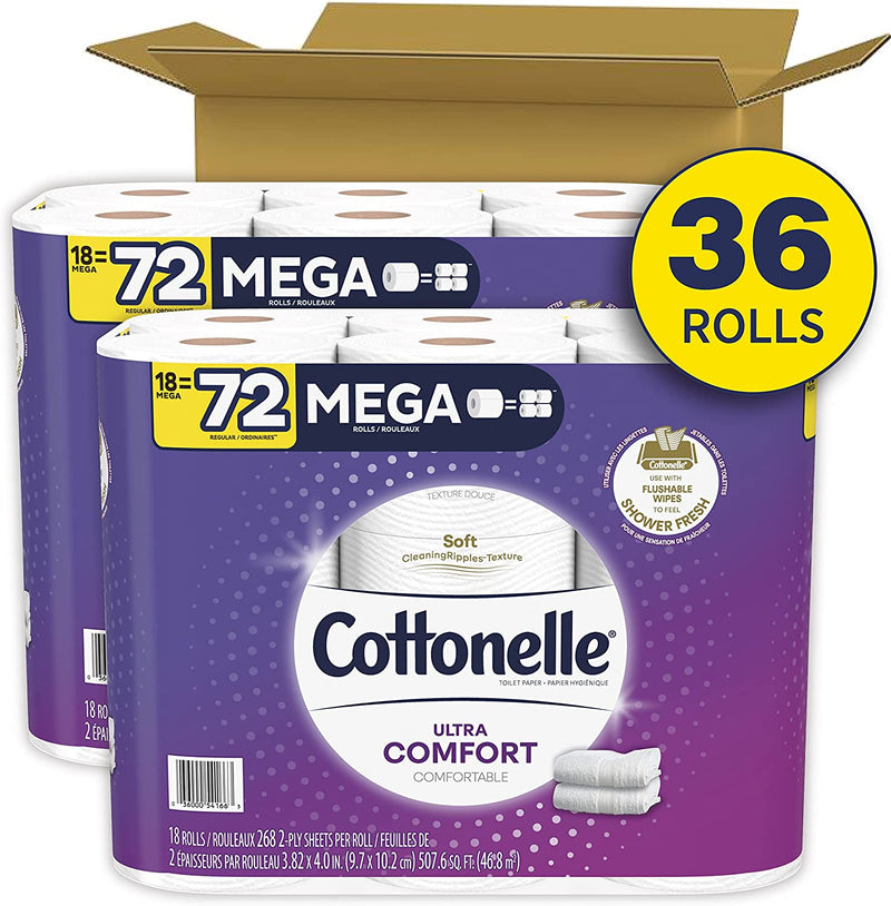 Cottonelle Ultra Comfort Toilet Paper, Strong Bath Tissue, 36 Mega Rolls (36 Mega Rolls = 144 regular rolls), 268 Sheets per Roll