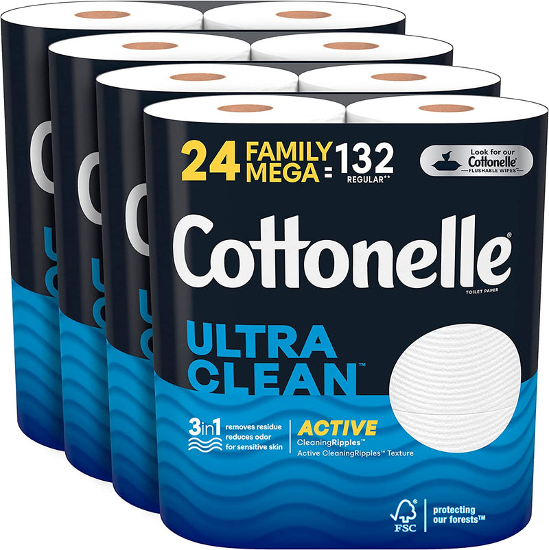 Cottonelle Ultra Clean Toilet Paper with Active Cleaningripples Texture, Strong Bath Tissue, 24 Family Mega Rolls (equals 132 Regular Rolls)