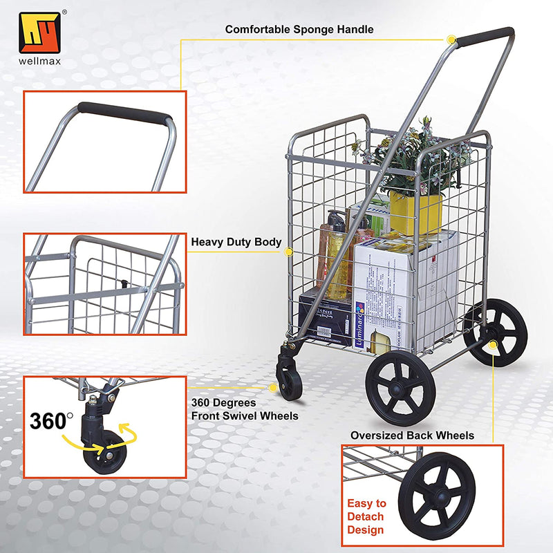 Wellmax WM99024S Grocery Utility Shopping Cart | Easily Collapsible and Portable to Save Space + Heavy Duty, Light Weight Trolley with Rolling Swivel Wheels