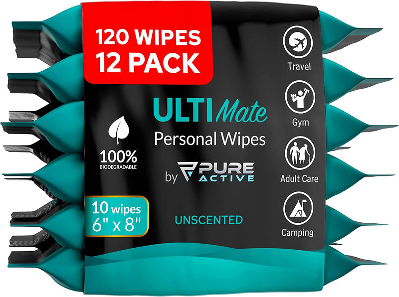 Pure Active Ultimate Shower Body and Face Wipes, Biodegradable Personal Hygiene Body Cleansing Wipes for Men