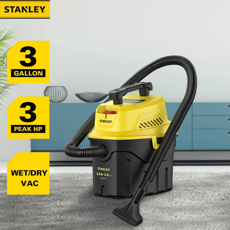 Stanley SL18910P-3 Wet/Dry, 3 Gallon, 3 Horsepower, Portable Car Vacuum, 3.0 HP AC, Black+Yellow