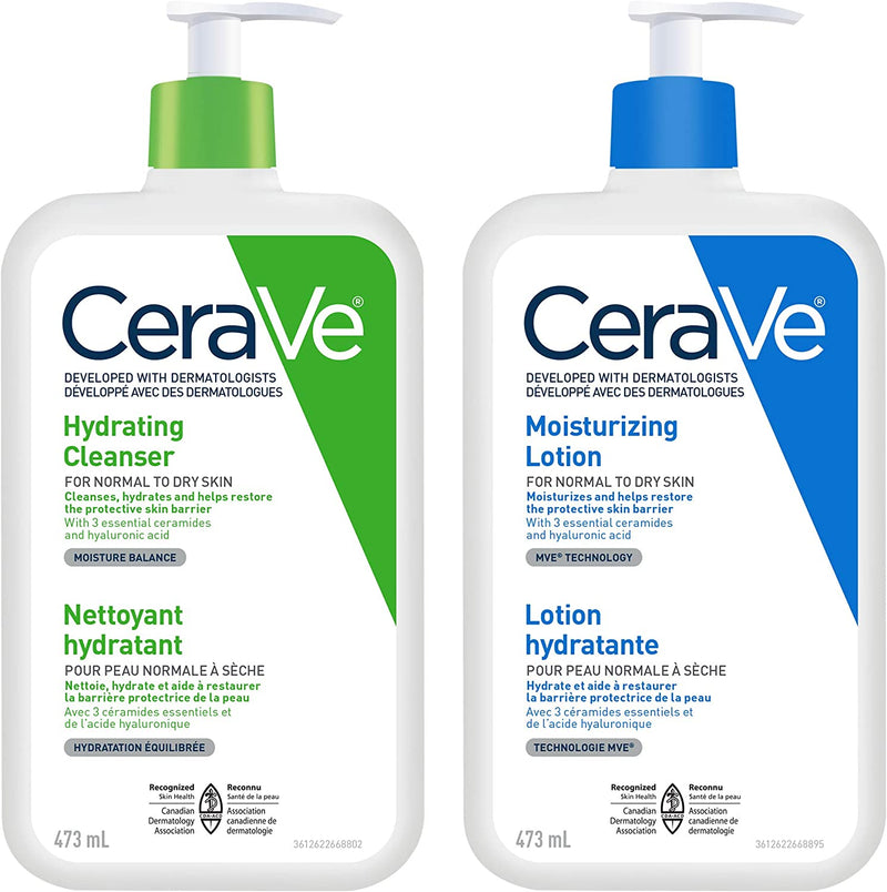 CeraVe Daily Face Cleanser and Lotion Bundle, Hydrating Face Wash for Dry Skin and Moisturizing Lotion with Hyaluronic Acid, Fragrance Free, 2x473ml