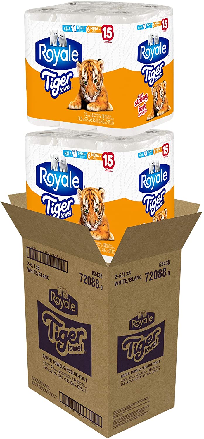 Royale Tiger Strong Paper Towel, 12 Mega Equal 30 Rolls, 138 Handy Half Sheet Rolls