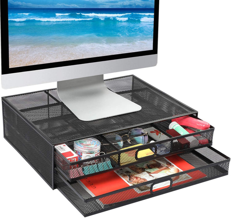 Monitor Stand Riser with Drawer - Mesh Metal Desk Organizer PC, Laptop,Notebook, Printer Holder with Dual Pull Out Storage Drawer