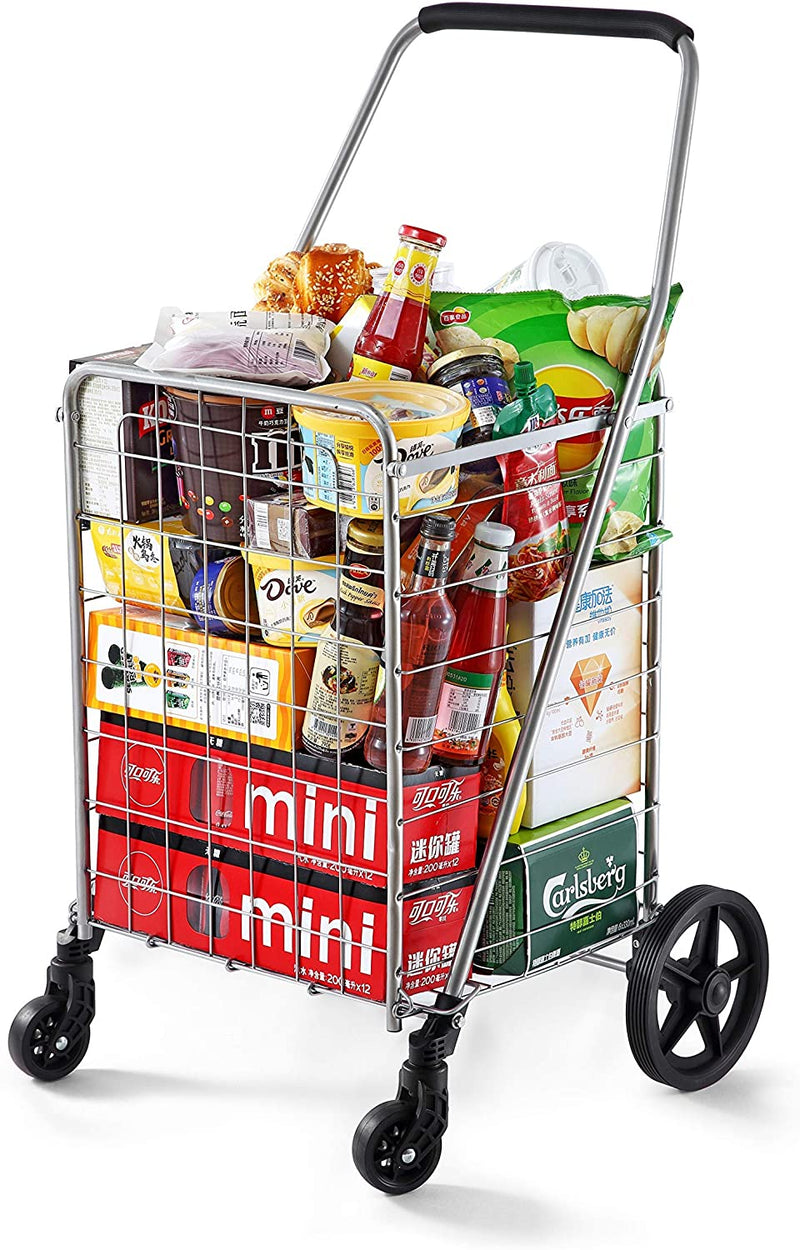 Wellmax WM99024S Grocery Utility Shopping Cart | Easily Collapsible and Portable to Save Space + Heavy Duty, Light Weight Trolley with Rolling Swivel Wheels