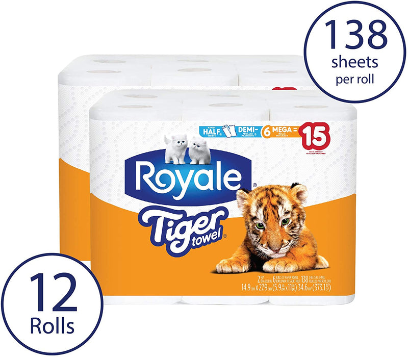 Royale Tiger Strong Paper Towel, 12 Mega Equal 30 Rolls, 138 Handy Half Sheet Rolls