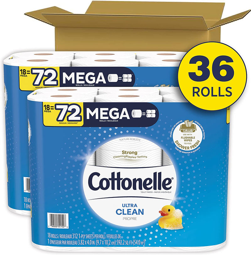 Cottonelle Ultra Clean Toilet Paper, Strong Bath Tissue, 36 Mega Rolls (36 Mega Rolls = 144 regular rolls), 312 Sheets per Roll