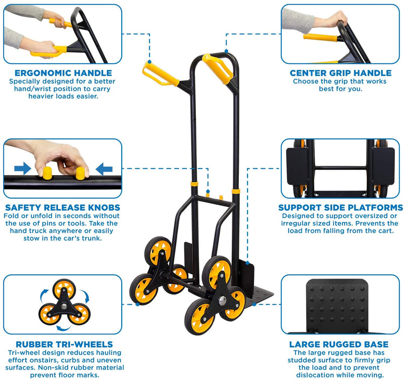 Mount-It! Stair Climber Hand Truck and Dolly, 330 Lb Capacity Heavy-Duty Trolley Cart with Telescoping Handle and Rubber Wheels