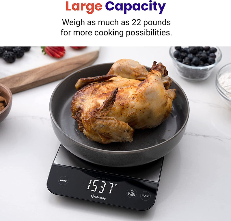 Etekcity 22 Pounds-Large Food Kitchen Digital Scale, Waterproof, Rechargeable, Ounces and Grams for Weight Loss, Cooking, 304 Stainless Steel, EKS-L221