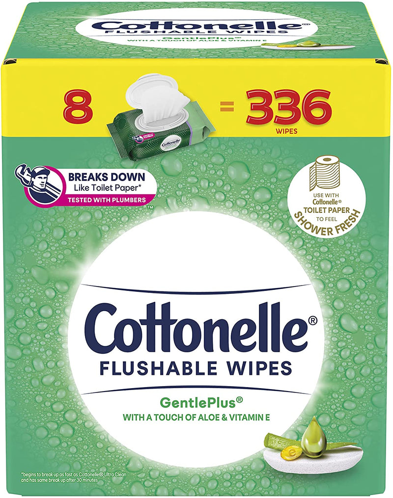 Flushable Wet Wipes, Cottonelle GentlePlus, Biodegradable & Septic Safe, 8 Flip-Top Packs of 42 (336 Wipes)