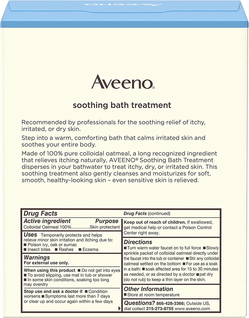 Aveeno Soothing Bath Treatment with 100% Natural Colloidal Oatmeal for Treatment & Relief of Dry, Itchy, Irritated Skin Due to Poison Ivy, Eczema, Sunburn, Rash, Insect Bites & Hives, 8 ct.