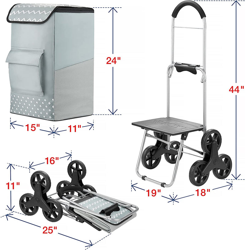 Shopping Cart, Heavy Duty Stair Cart 220 lbs Capacity Grocery Cart with Gray Large Shopping Bag Folding Shopping Cart with Adjustable Bungee Cord