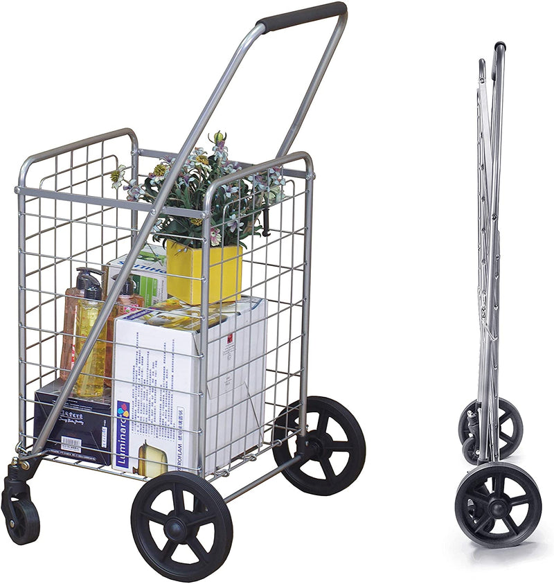 Wellmax WM99024S Grocery Utility Shopping Cart | Easily Collapsible and Portable to Save Space + Heavy Duty, Light Weight Trolley with Rolling Swivel Wheels