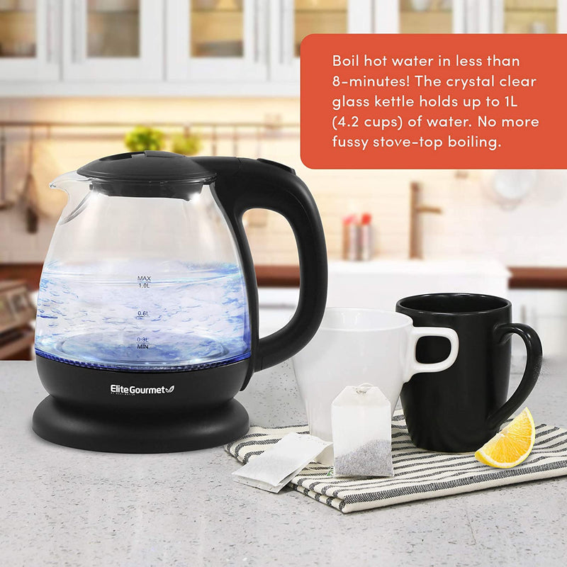 Elite Gourmet EKT1001 Electric BPA-Free Glass Kettle, Cordless 360° Base, Stylish Blue