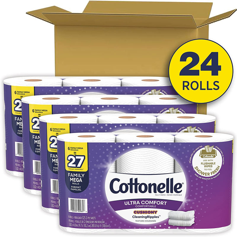 Cottonelle Ultra ComfortCare Soft Toilet Paper, 24 Family Mega Rolls Bathroom Tissue (Equals 108 Regular Rolls)