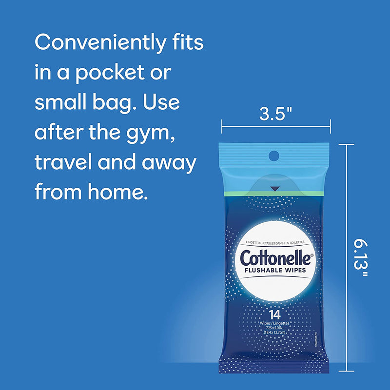 Cottonelle Flushable Wipes, 24 On-The-Go Travel Packs (2 Trays of 12), 24 Packs of 14 Wipes