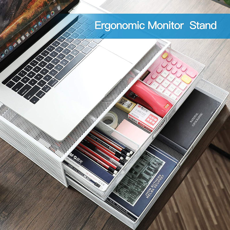 Monitor Stand Riser with Drawer - Mesh Metal Desk Organizer PC, Laptop,Notebook, Printer Holder with Dual Pull Out Storage Drawer