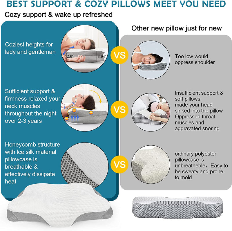 Cervical Pillow Memory Foam Pillow for Pain Relief, Ergonomic Contour Pillow for Neck & Shoulder Pain, Soft Orthopedic Neck Support Pillow for Side, Back & Stomach Sleepers with Breathable Pillowcase