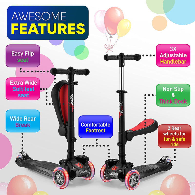 Hurtle 3 Wheeled Scooter for Kids - 2-in-1 Sit/Stand Child Toddlers Toy Kick Scooters W/Flip-Out Seat