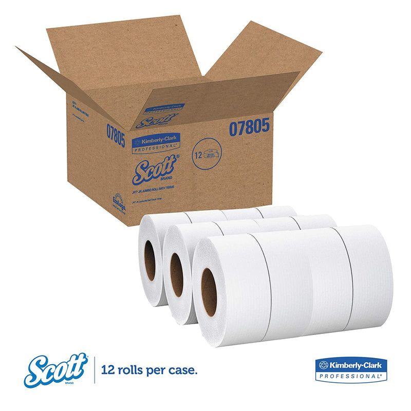 Scott 1000 Jumbo Roll JR. Commercial Toilet Paper (07805), 2-PLY, White, 12 Rolls / Case, 1000' / Roll