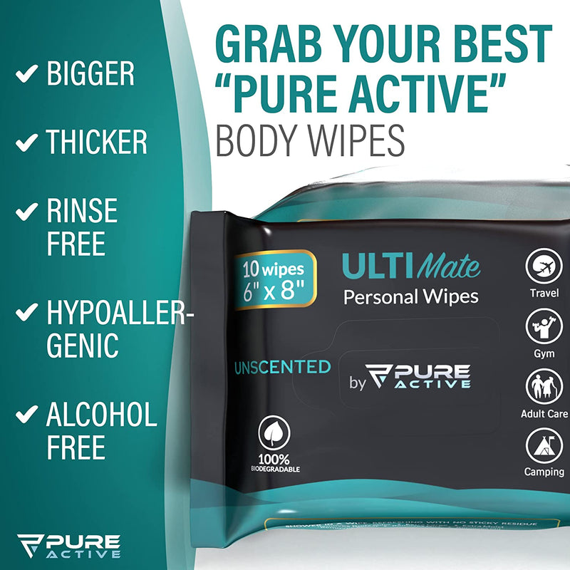 Pure Active Ultimate Shower Body and Face Wipes, Biodegradable Personal Hygiene Body Cleansing Wipes for Men