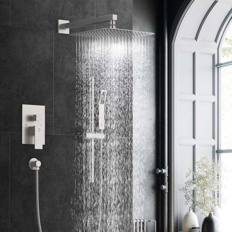 SR SUN RISE 12 Inch Dual-Function Shower Trim Kit with Adjustable Angle Slide bar, Brass Pressure Balancing Shower Faucet Valve,12 Inch Rain Shower Head,Brass Handheld Shower System