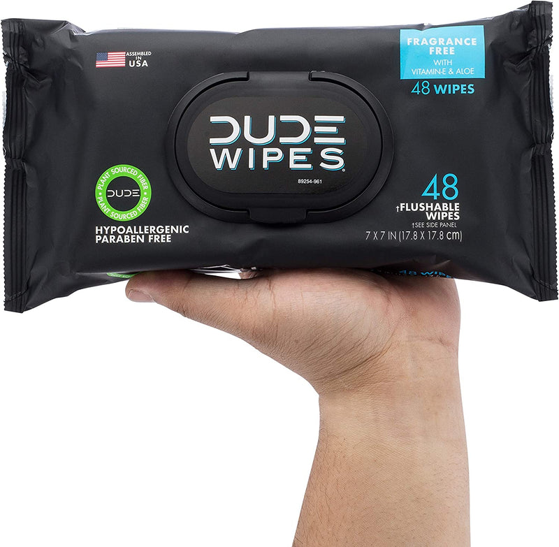 DUDE Wipes Flushable Wet Wipes Dispenser (3 Packs 48 Wipes), Unscented Wet Wipes with Vitamin-E & Aloe for at-Home Use, Septic and Sewer Safe