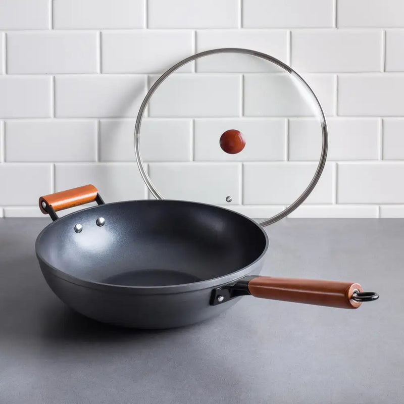 Stir-Fry Non-Stick Wok with Wood Handle (Black/Natural)