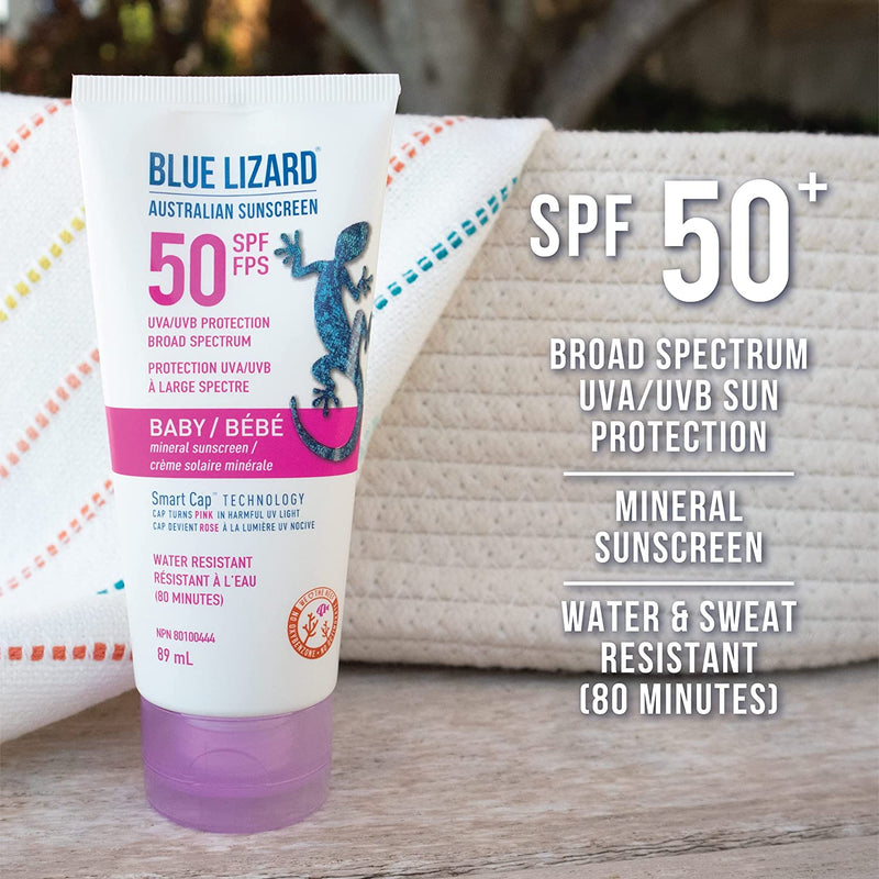 BLUE LIZARD Baby Broad Spectrum Mineral Sunscreen Lotion, SPF 50+, Water Resistant with Smart Cap Technology - 89 ml Tube