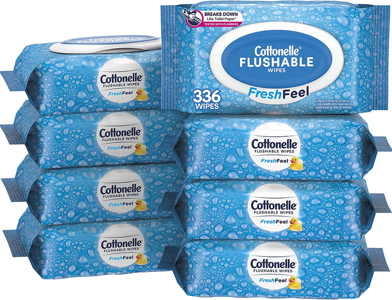 Cottonelle FreshFeel Flushable Wet Wipes for Adults and Kids, 8 Flip-Top Packs, 42 Wipes per Pack (336 Wipes Total)