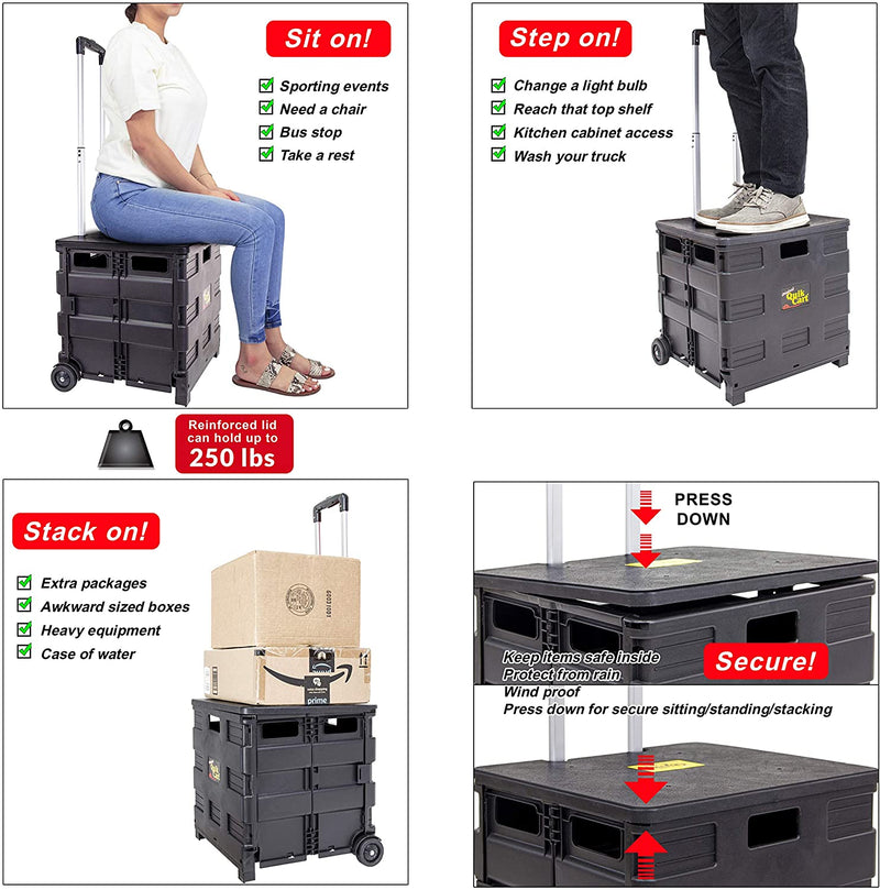 dbest Products Quik Cart Two-Wheeled Collapsible Handcart with Red Lid Rolling Utility Cart with Seat Heavy Duty Lightweight