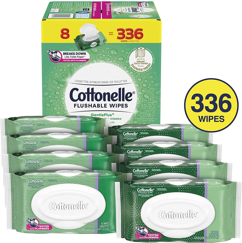 Flushable Wet Wipes, Cottonelle GentlePlus, Biodegradable & Septic Safe, 8 Flip-Top Packs of 42 (336 Wipes)