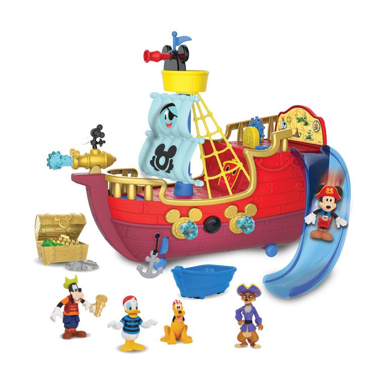 Disney Junior Mickey Mouse Funhouse Treasure Adventure Pirate Ship Playset with Sounds and Figures - English Edition